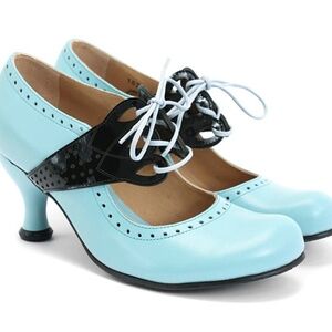 Fluevog Bellevue Mollie Johnson blue leather heels